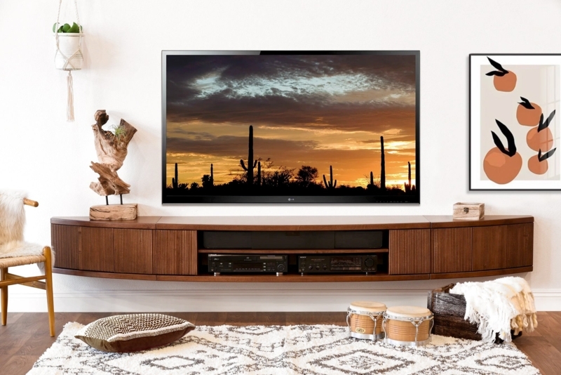 Floating Tv Stand Curved Silhouette Mocha Finish Slatted Doors