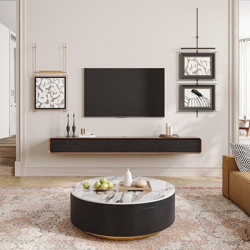 Floating TV Stand Dark Walnut Veneer Minimalist Media Console