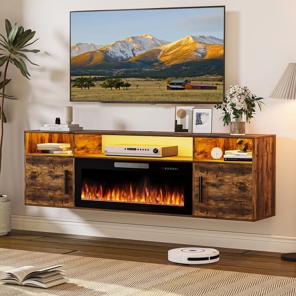 Floating TV Stand Electric Fireplace Rustic Wood Finish Console