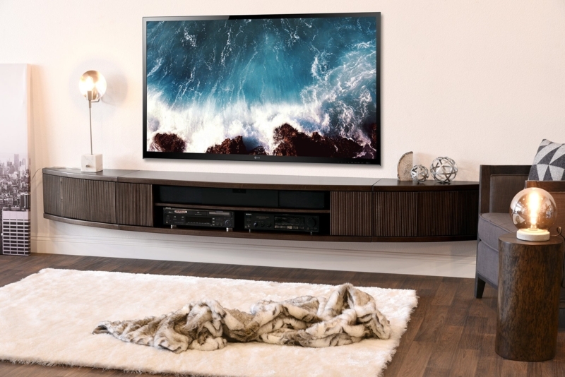 Floating TV Stand Espresso Curved Front Slatted Doors Wall Mount