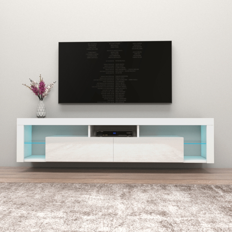 Floating TV Stand Glossy White Finish with Blue LED Lighting