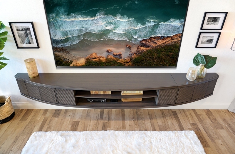 Floating TV Stand Gray Curved Silhouette Ribbed Doors Console