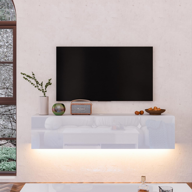 Floating TV Stand High Gloss White LED Backlit Media Center