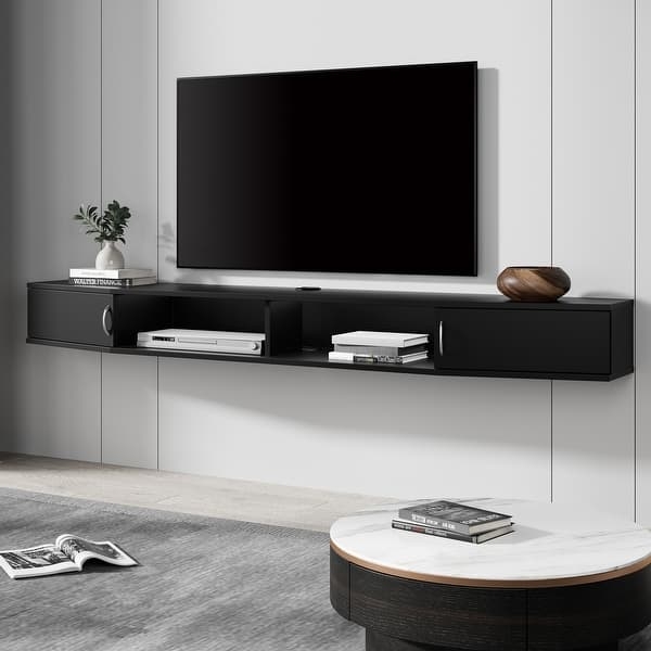 Floating TV Stand Matte Black Finish Long Profile Modern Console