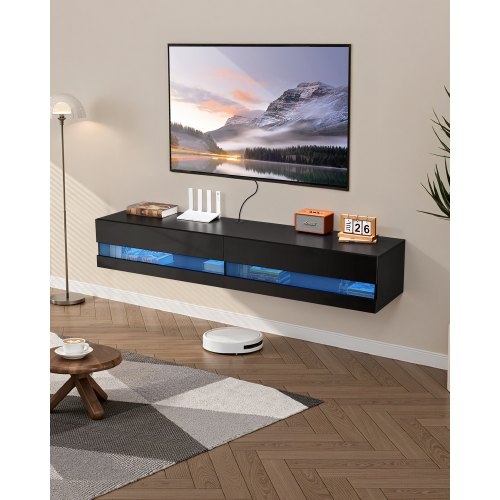Floating TV Stand Matte Black Glass Fronts Blue LED Lighting Console