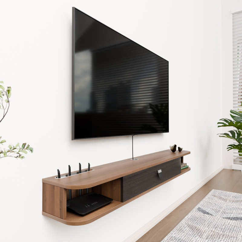 Floating TV Stand Minimalist Walnut with Curved Edges & Central Drawer