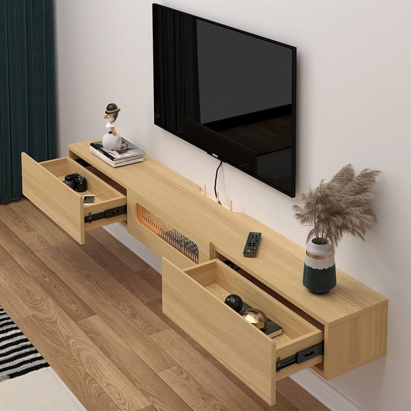 Floating TV Stand Oak Fluted Glass Door Integrated LED Media Console
