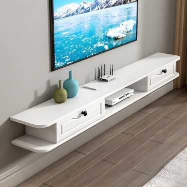 Floating TV Stand Rounded Corners Matte White Finish Minimalist Shelf