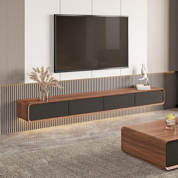 Floating TV Stand Rounded Corners Ribbed Drawers Charcoal Wood Toned