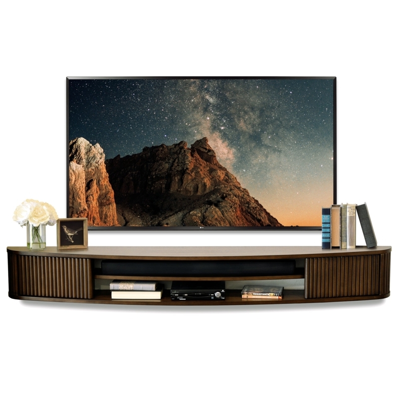 Floating TV Stand Russet Brown Curved Front Slatted Sides Mid-Century