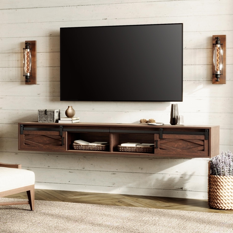 Floating TV Stand Rustic Brown Sliding Barn Doors X-Brace Detail