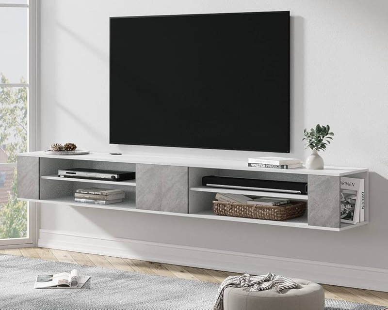Floating TV Stand Stone Look Sliding Doors 79 Inch