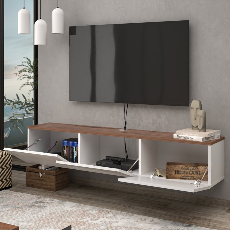 Floating TV Stand Two-Tone White and Light Oak Drop Down Doors