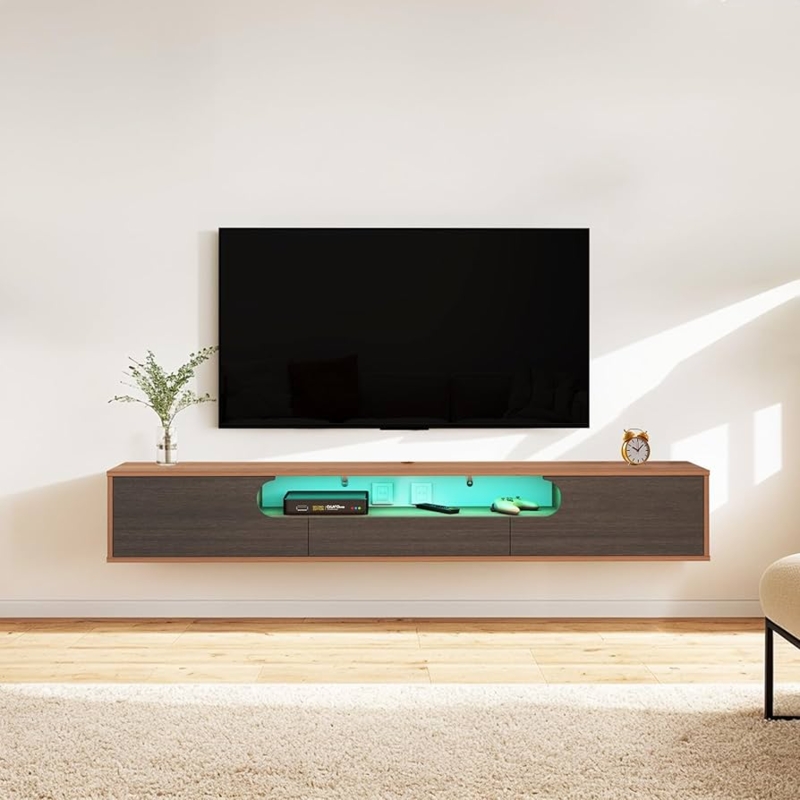 Floating TV Stand Walnut and Grey Teal LED Lighting Handleless Design
