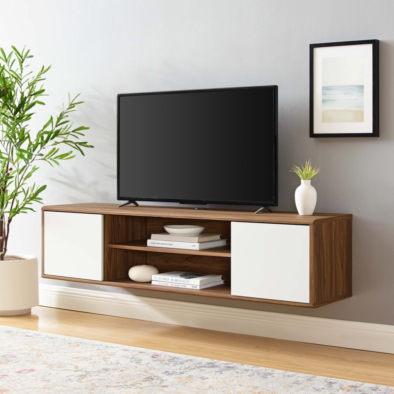 Floating TV Stand Walnut and White Sliding Doors, Mid Century Modern Console