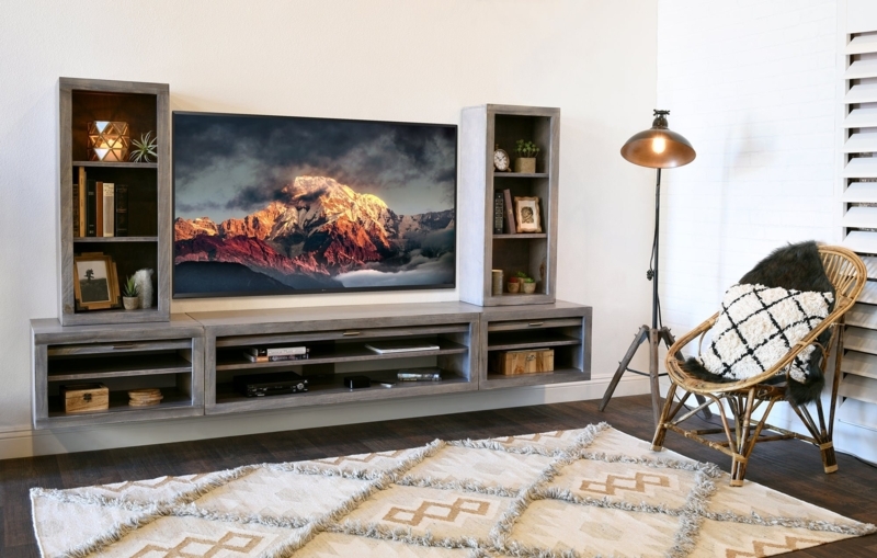 Floating TV Stand Weathered Gray Distressed Finish Modular Shelving