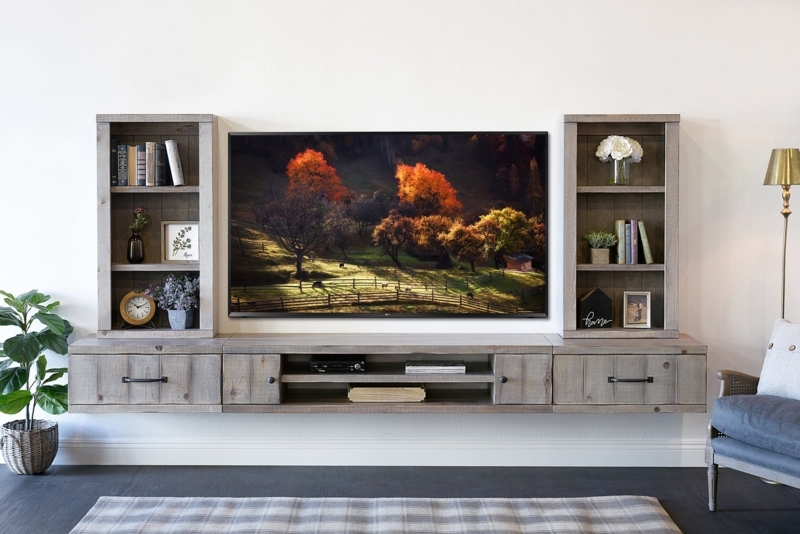 Floating TV Stand Weathered Gray Finish Symmetrical Bookcase Frame