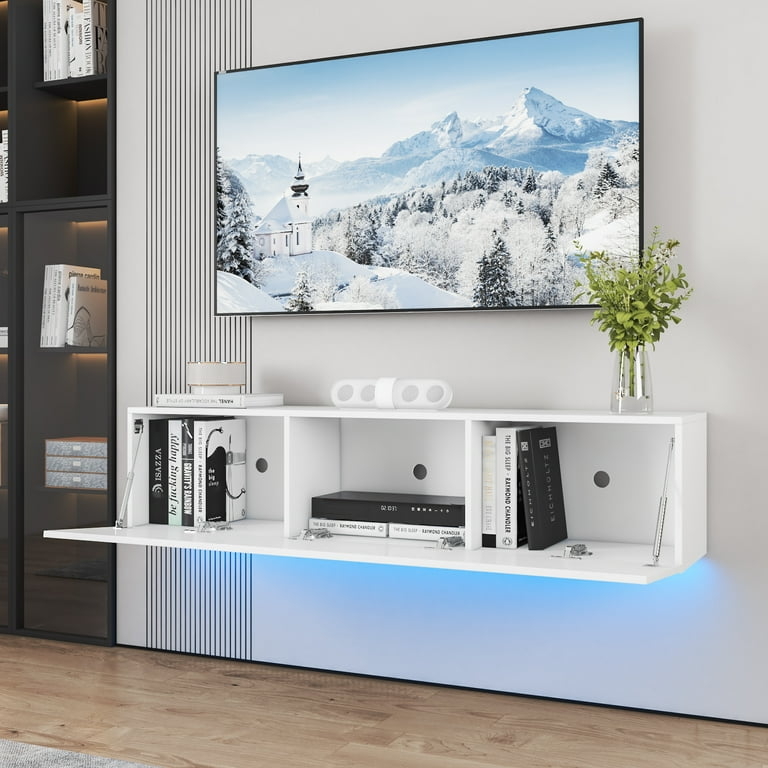 Floating TV Stand White Drop-Down Door Blue LED Minimalist Console