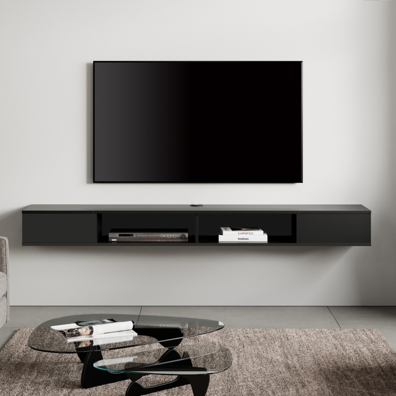 Floating TV Stand with Asymmetric Storage, Matte Black Handleless Console