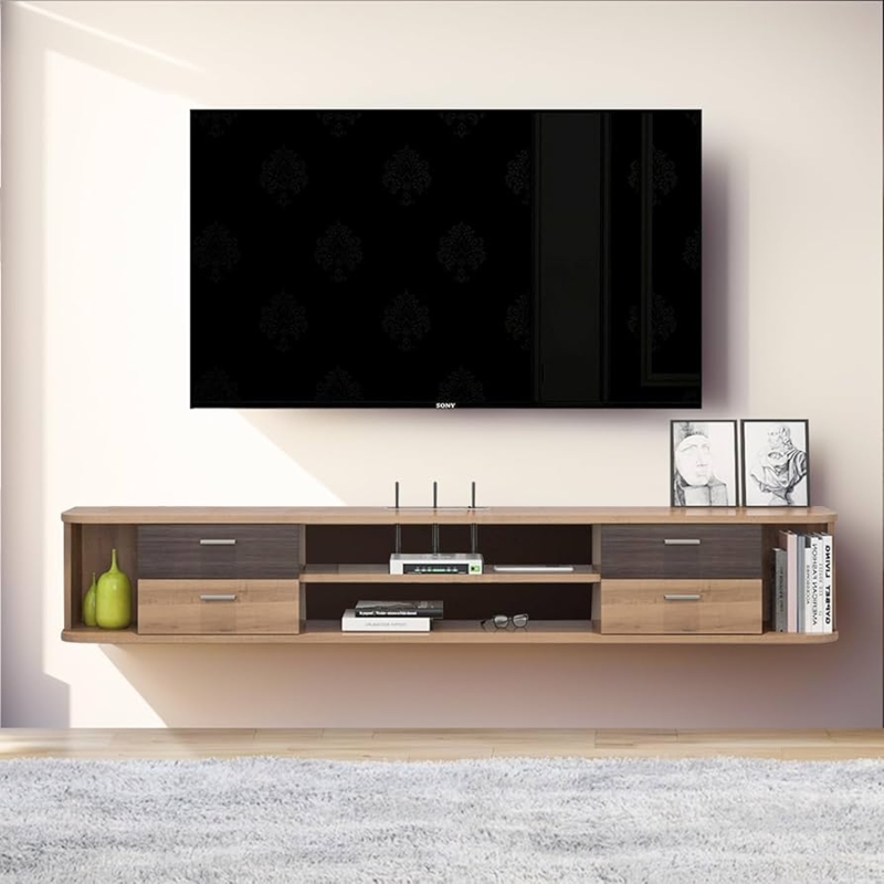 Floating TV Stand with Contrasting Drawers, Minimalist Two Tone Console