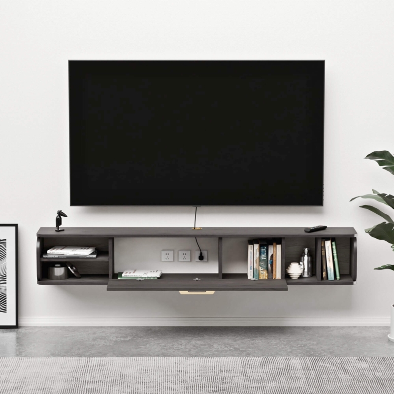 Floating TV Stand with Gold Accent Handle and Rustic Grey Finish