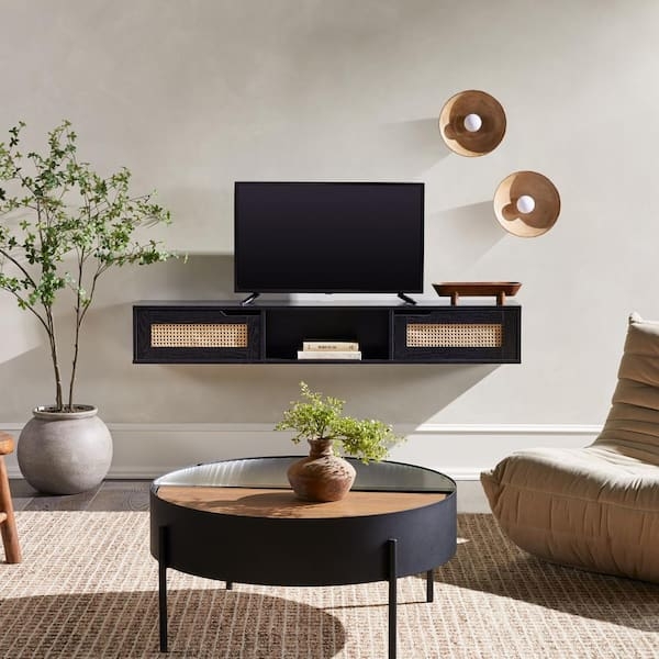 Floating TV Stand with Rattan Door Panels Matte Black Boho Console