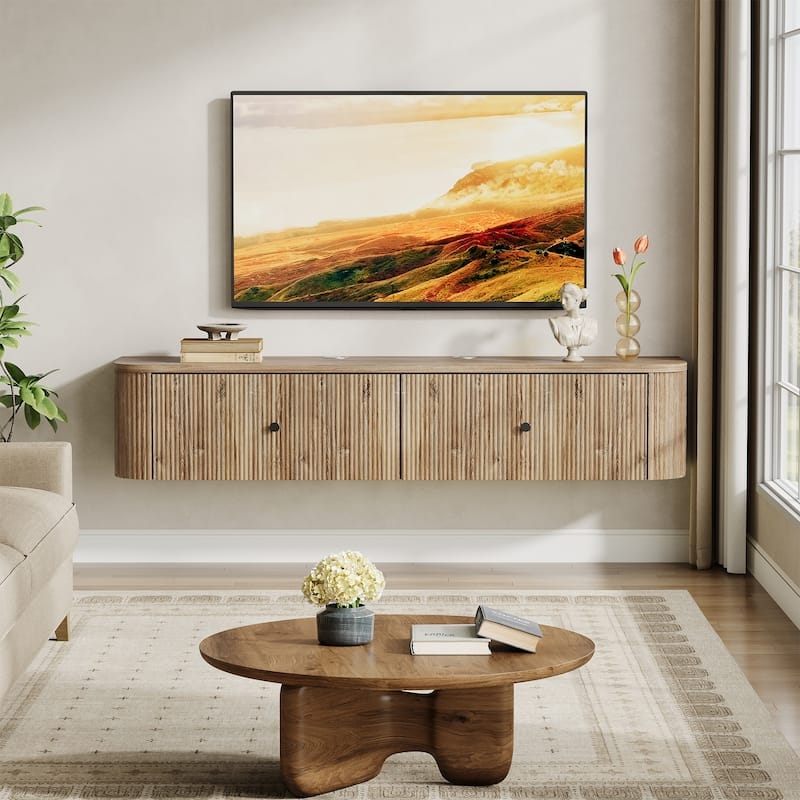 Floating TV Stand with Ribbed Surface Curved Wood Media Console