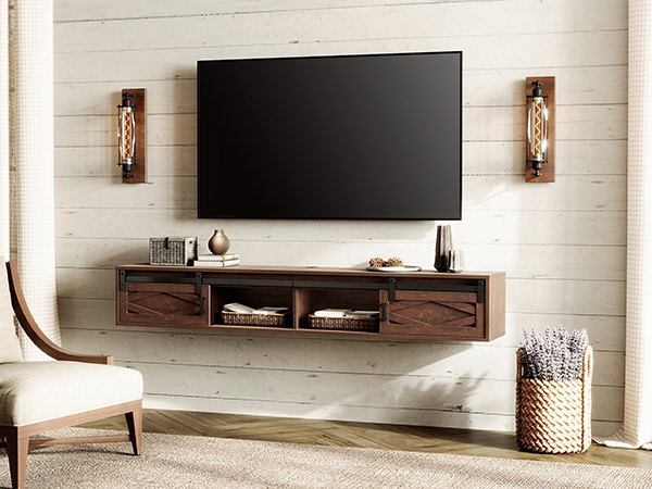 Floating TV Stand with Sliding Barn Doors Rustic Farmhouse Console