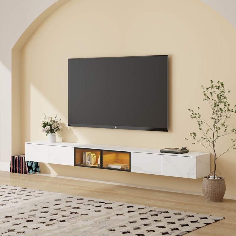 Floating TV Stand with Stone-Like Panels & Glass Cabinet Doors