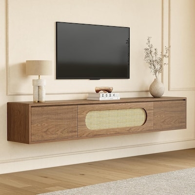 Floating Wood TV Stand Rattan Cane Oval Insert Ribbed Panels