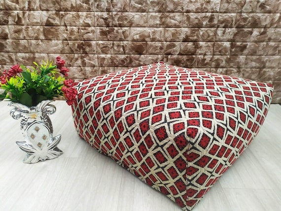 Floor Pouf Square Red Diamond Pattern Woven Textile Moroccan