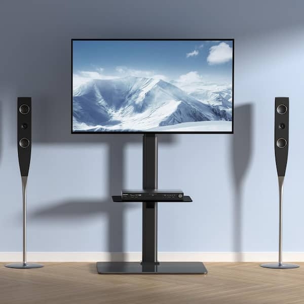 Floor Standing TV Mount with Integrated Media Shelf and Minimalist Design
