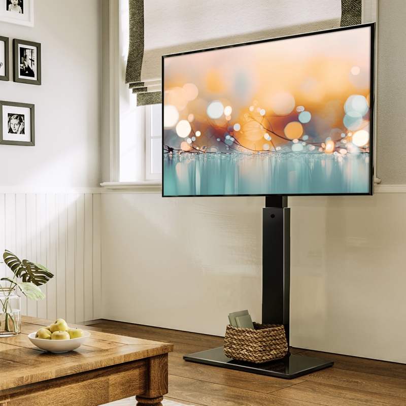 Floor TV Stand with Slim Pedestal Base and Swivel Mount