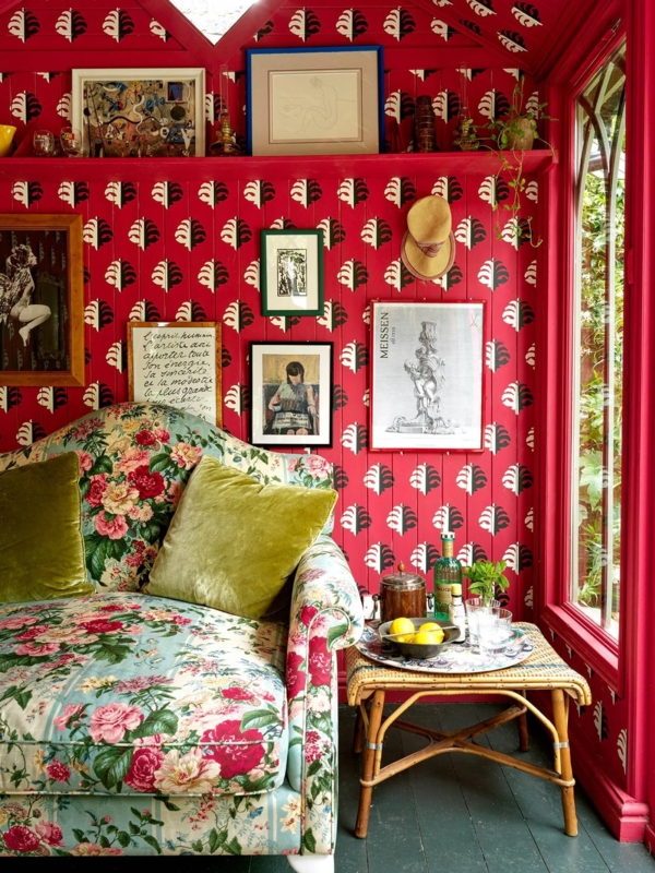 Floral Upholstered Sofa, Maximalist Living Room, Red Patterned Wallpaper