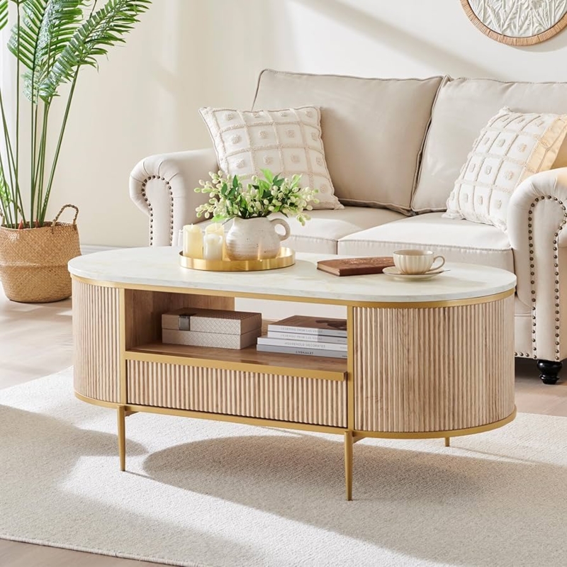 Fluted Base Coffee Table with White Stone Top and Light Oak Finish