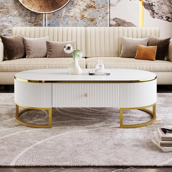 Fluted Coffee Table Oval Polished Gold Base Center Drawer Glam
