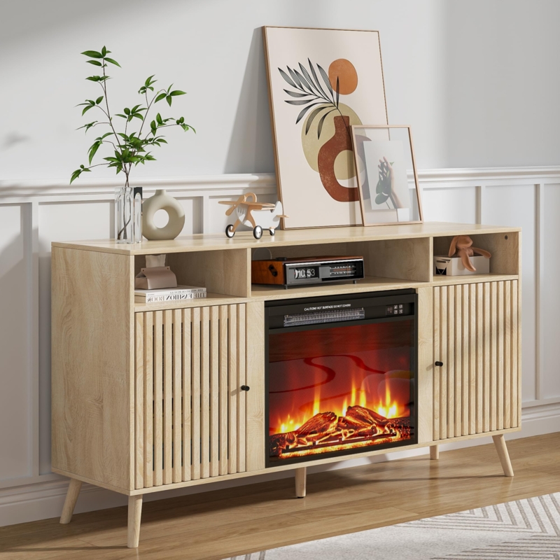 Fluted Fireplace TV Stand Light Oak Finish Tapered Metal Legs