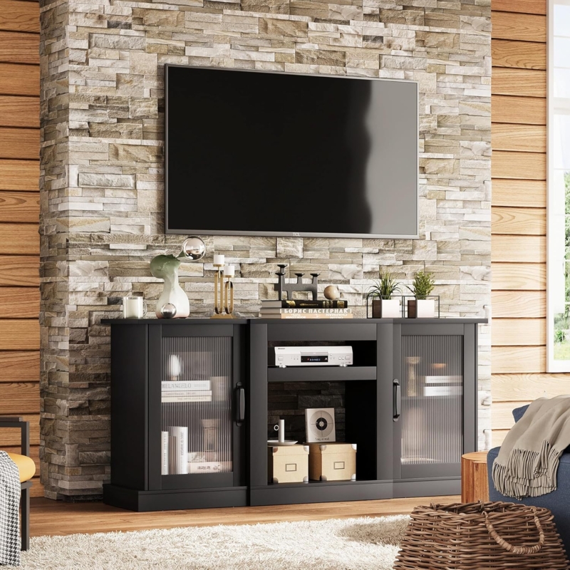 Fluted Glass TV Stand with Open Shelving and Matte Finish