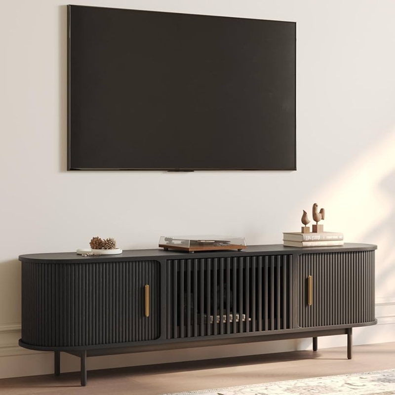 Fluted Media Console Rounded Ends Gold Hardware Black Fluted TV Stand
