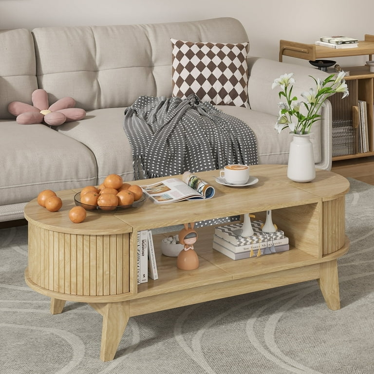 Fluted Oval Coffee Table with Open Shelf and Tapered Legs