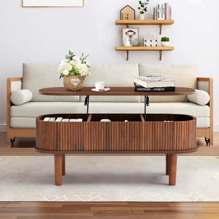 Fluted Oval Lift Top Coffee Table Walnut Storage Mid Century