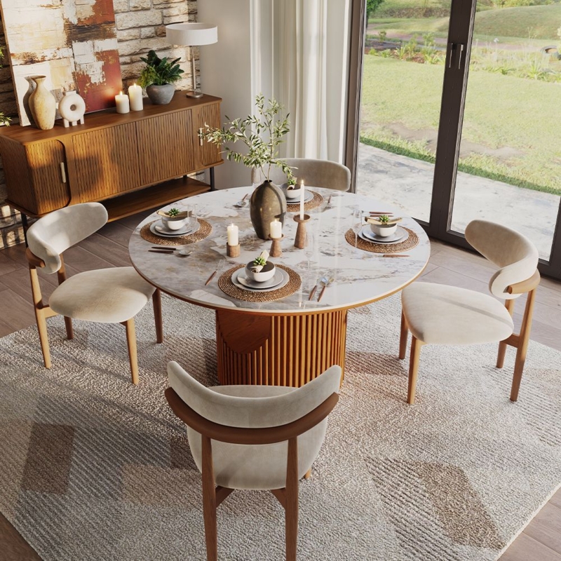 Fluted Round Dining Table Set, Curved Upholstered Chairs, Walnut Tone, Tambour Base