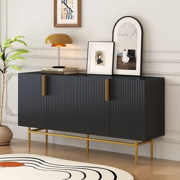 Fluted Sideboard Credenza with Gold Vertical Pulls
