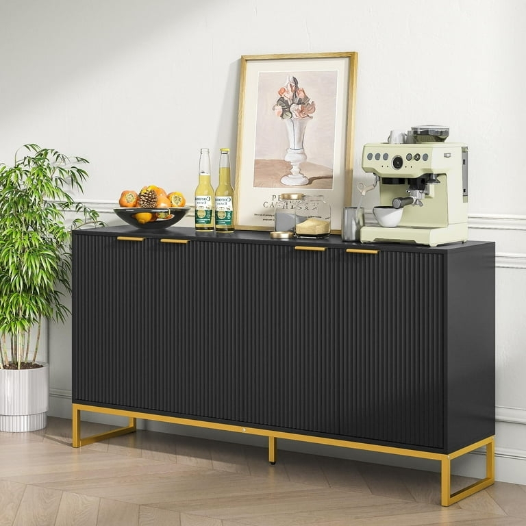 Fluted Sideboard Matte Black Gold Metal Base Modern
