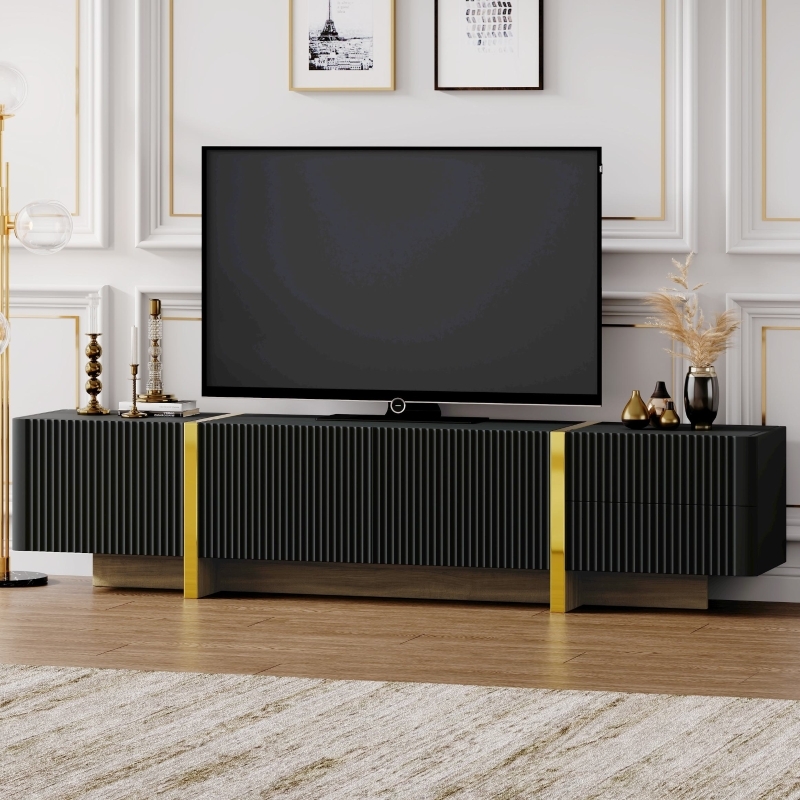 Fluted TV Stand Black Finish Gold Dividers Low Profile Plinth Base