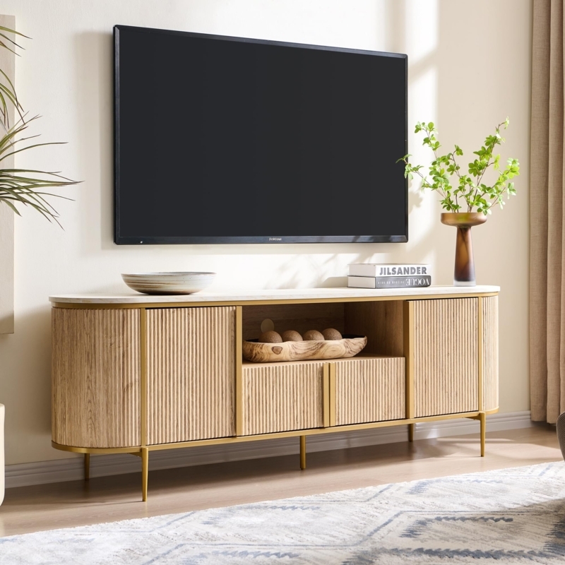 Fluted TV Stand Curved Profile Gold Metal Legs Stone-Like Top