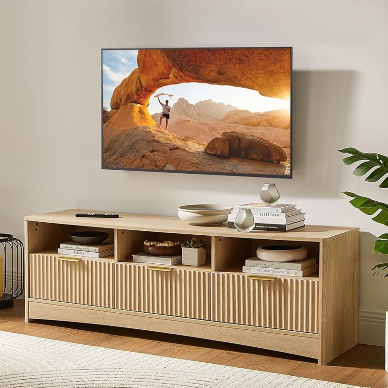 Fluted TV Stand with Open Cubby Storage and Ribbed Surface Details