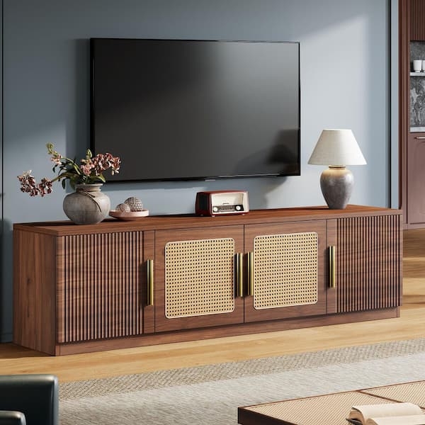Fluted TV Stand with Woven Cane Panels & Gold Vertical Hardware