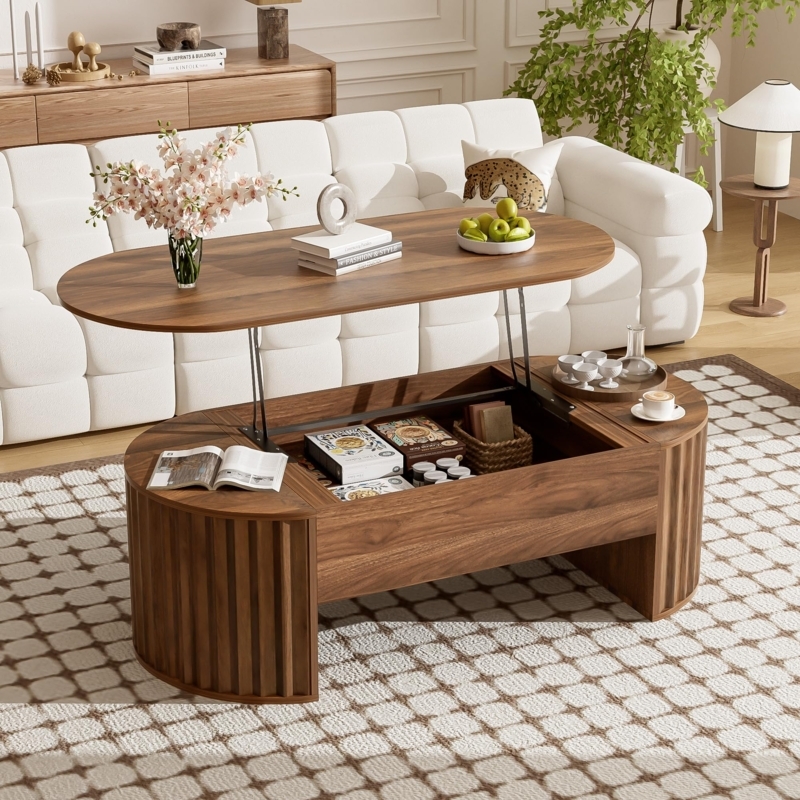 Fluted Walnut Coffee Table Lift Top Oval Mid Century