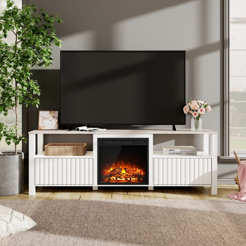 Fluted White Fireplace TV Stand with Wood Top